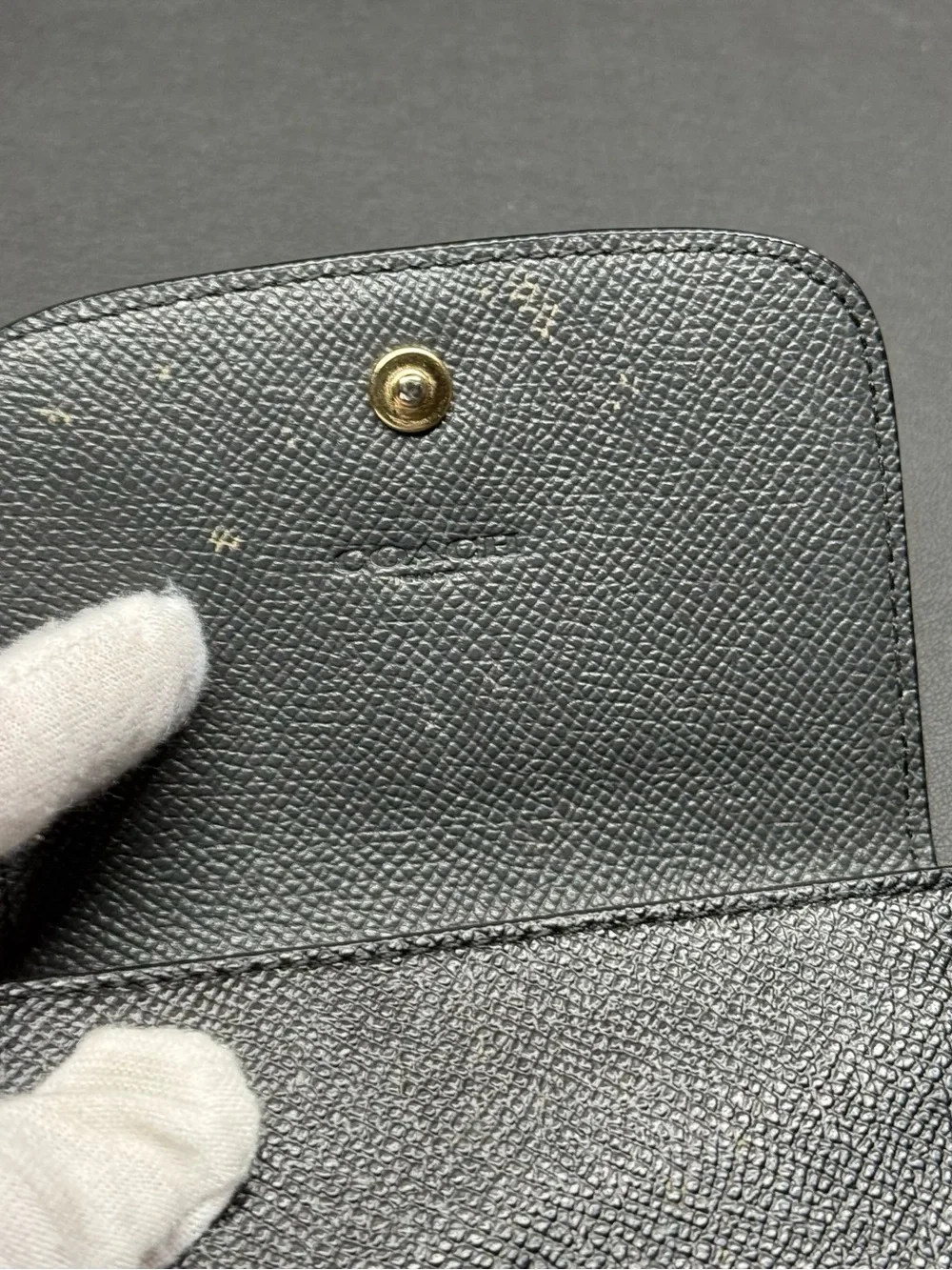 Coach Black Pebbled Leather Compact Wallet with Gold Logo